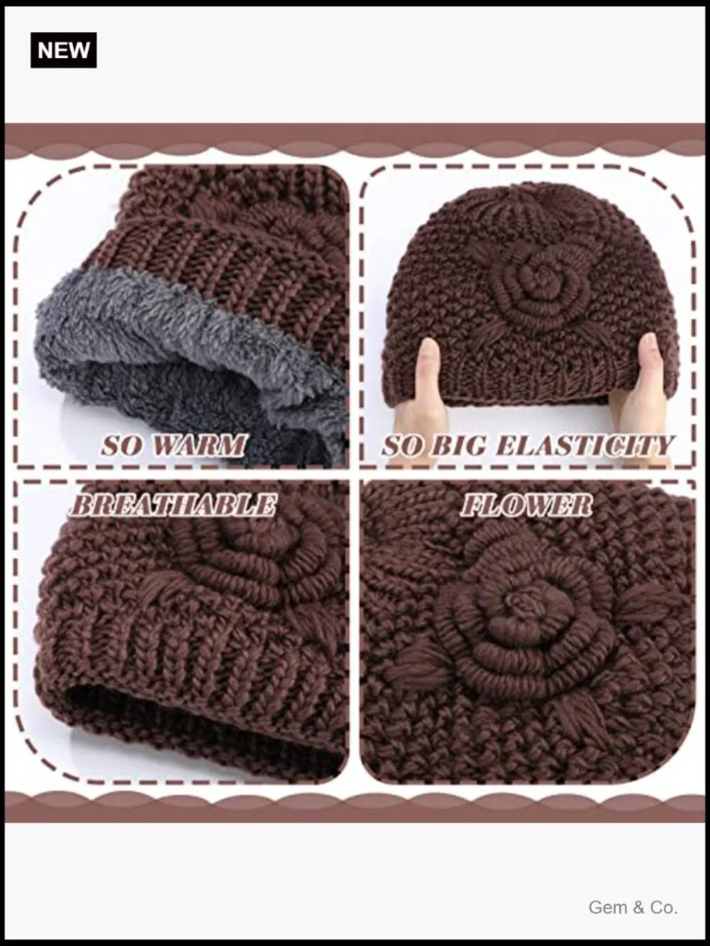 4 Pack Floral Knitted Beanies Winter Hats for Women Flannelette Lined